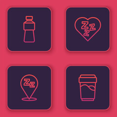 Set line Bottle of water, Sleepy, and Glass with. Blue square button. Vector