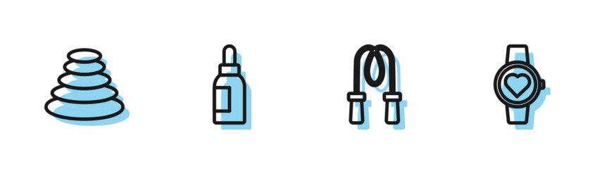 Set line Jump rope, Stack hot stones, Essential oil bottle and Smart watch icon. Vector