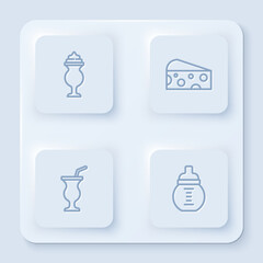 Set line Milkshake, Cheese, and Baby milk in bottle. White square button. Vector