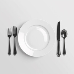 White plate with cutlery on grey background.