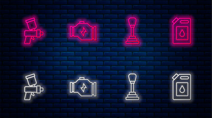 Set line Check engine, Gear shifter, Paint spray gun and Canister for motor oil. Glowing neon icon on brick wall. Vector