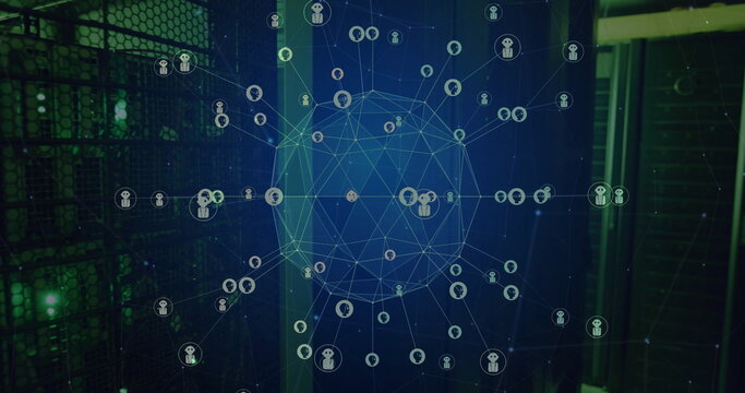 Image of global network of ai chatbot icons transferring data over dark computer server room - Powered by Adobe