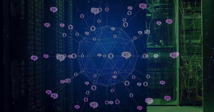 Image of global network of ai chatbot icons rotating over dark computer server room