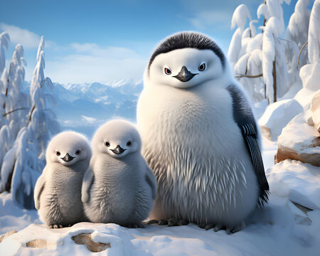 Penguin family in the snow. 3d render illustration.