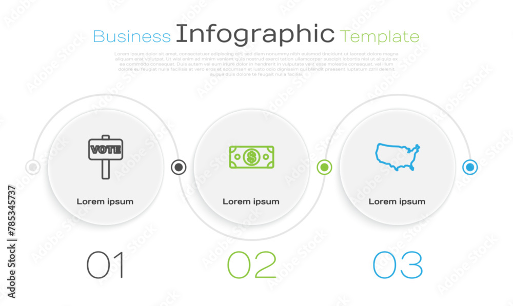 Sticker set line vote, stacks paper money cash and usa map. business infographic template. vector