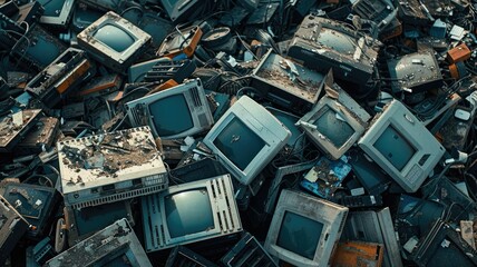 Old monitors at an electronic waste facility - Tangled heaps of old-fashioned computer monitors emphasizing the ongoing issue of electronic waste