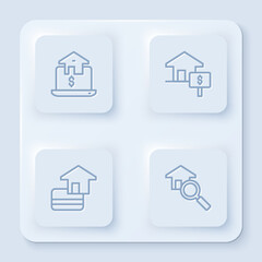 Set line Online real estate, House with dollar, Credit card and Search house. White square button. Vector
