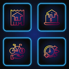 Set line Clock, Bicycle rental mobile app, House and Online real estate. Gradient color icons. Vector