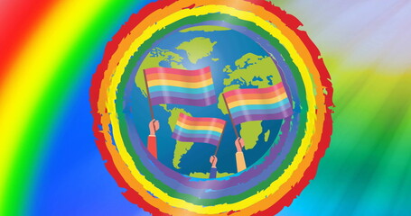Image of globe with rainbow flags over rainbow background