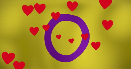 Image of red hearts over yellow pride flag