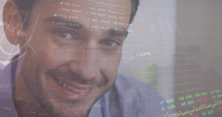 Image of financial data processing over biracial businessman and cityscape