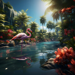Flamingo in the jungle with palm trees and flowers. 3d render - obrazy, fototapety, plakaty