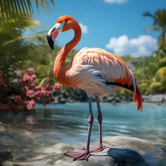Pink flamingo standing on a rock in a pool with palm trees