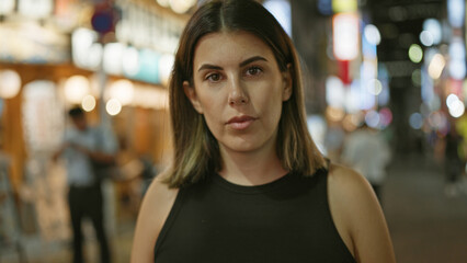 Beautiful hispanic woman's serious expression captured in cityscape portrait, standing strong on tokyo's urban streets under illuminating night lights