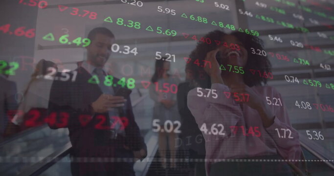 Image of financial data processing over diverse business people in office