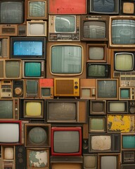 Impressive collection of static vintage TVs - This image features a wide array of vintage televisions, each with a static-filled screen, creating a nostalgic scene