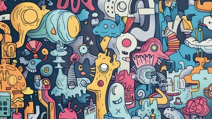 Fototapeta premium Colorful fantasy doodle with surreal elements - This imaginative doodle art piece is packed with various surreal and fantasy-inspired characters and objects
