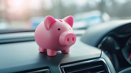 a pink piggy bank placed on the dashboard of an SUV, symbolizing the assurance and stability of online parking services or motor home documentation.