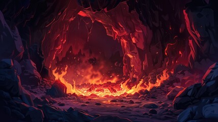 Vibrant lava flow inside a rocky cave - This striking image showcases a dramatic lava flow within a cave, exuding a sense of heat, danger, and raw beauty of nature