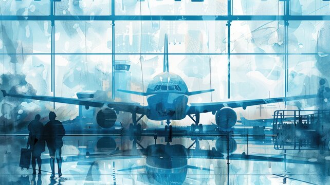 Artistic airport scene with people and airplane - This striking image captures the hustle of an airport terminal with people and a prominent airplane against a modern glass facade