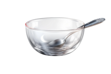 Silverspoon Symphony: A Glass Bowls Melodic Muse. On a White or Clear Surface PNG Transparent Background.