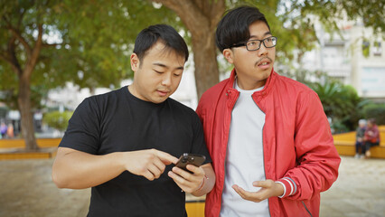 Two asian men browsing a smartphone together in a lush city park.