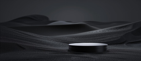 A dark podium in the center of an abstract black desert landscape, with a minimalist