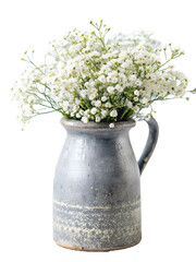 Buquets of gypsophila flowers in grey rustic vase on white or transparent  background. Front view. Place for text, copy space.Generated by AI