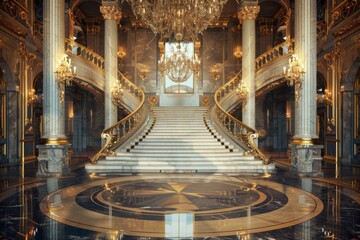 A royal palace ballroom podium with grand staircases and opulent decor, for luxury and royalthemed items