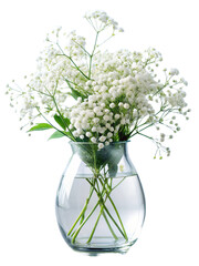 Obraz premium Gypsophila flowers in transparent glass vase on white or transparent background. Front view. Place for text, copy space.Generated by AI
