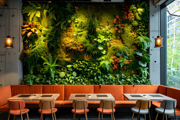Fototapeta na wymiar Stabilized Moss Wall Enhances Cafe Ambiance. Generative AI