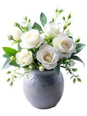 White roses in grey rustic vase on white or transparent background. Front view. Place for text, copy space.Generated by AI