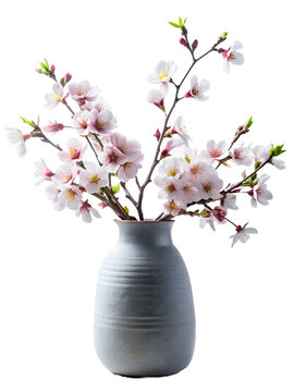 Cherry blossom and green leaves in grey rustic vase. White or transparent background .Generated by AI