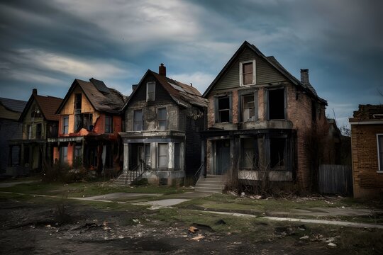 Burned and dilapidated houses tell the story of urban conflict