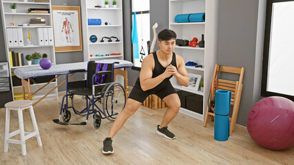 Asian man exercising in physical therapy clinic with wheelchair and fitness equipment