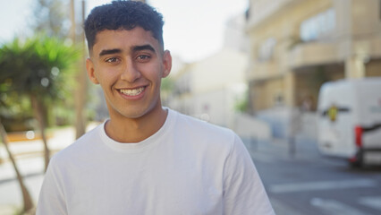 A young man smiles as he stands outdoors in an urban city setting, capturing a sense of youthful vitality and casual urban life.