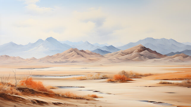 Minimalism Desert landscape, Blue sky with clouds and Dunes. Oil painting, Generative AI
