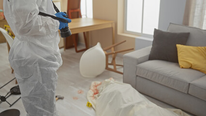 Forensic expert in protective suit examining crime scene with camera in a disordered living room