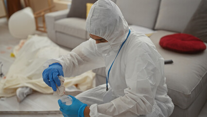 A man in forensic attire examines evidence in a messy living room, suggesting a crime scene investigation.