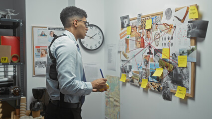 A young man analyzing evidence in a detective's office with a bulletin board filled with criminal investigation clues.