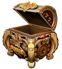 A large, old-fashioned open treasure chest embellished with various casino-themed details, showcasing an array of gambling symbols. 3D render