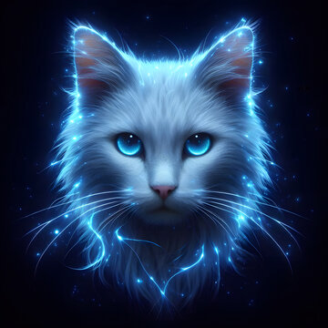 Cat head, isolated on a dark background, bioluminescent lightning, Close Up