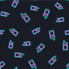 Line Smartphone, mobile phone icon isolated seamless pattern on black background. Vector