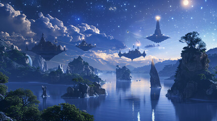 Fantastic night landscape with flying islands 
