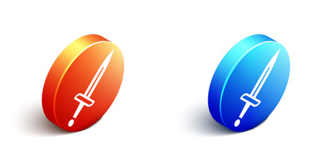 Isometric Dagger icon isolated on white background. Knife icon. Sword with sharp blade. Orange and blue circle button. Vector