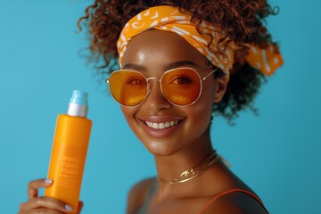 Africam american woman with curly hair and sunglasses is holding a bottle of sunscreen over a blue background. copy space