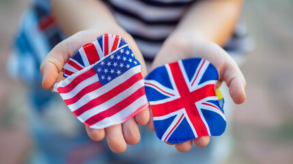 Little children holding US and UK flag in hand, learn English foreign language course.