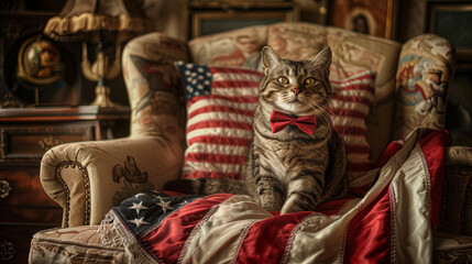A cat wearing a bow tie sits on a chair next to a red, white, and blue American flag