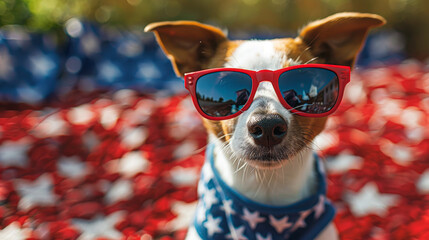 A dog wearing sunglasses and a red bandana is sitting on a red, white, and blue American flag