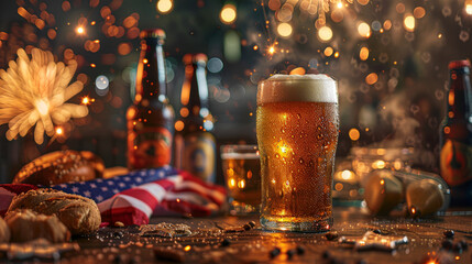 A glass of beer is on a table with a red, white, and blue American flag. The flag is next to a bun and a bottle of beer. The scene is festive and celebratory, likely for a holiday or special occasion - obrazy, fototapety, plakaty
